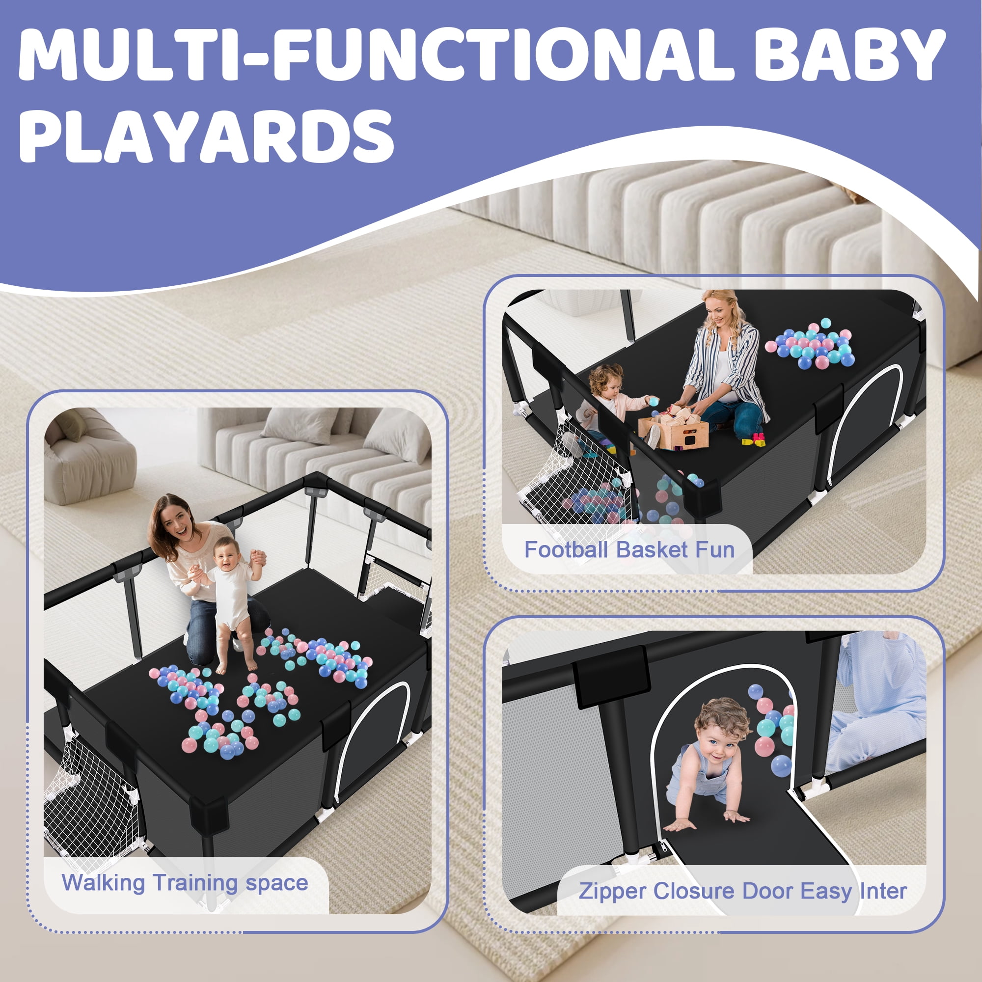 Baby Playpen, HDJ 71 inch Extra Large Baby Play Yard with Soft Breathable Mesh, Play Fence for Infant and Toddlers, Anti-Slip Base, Black