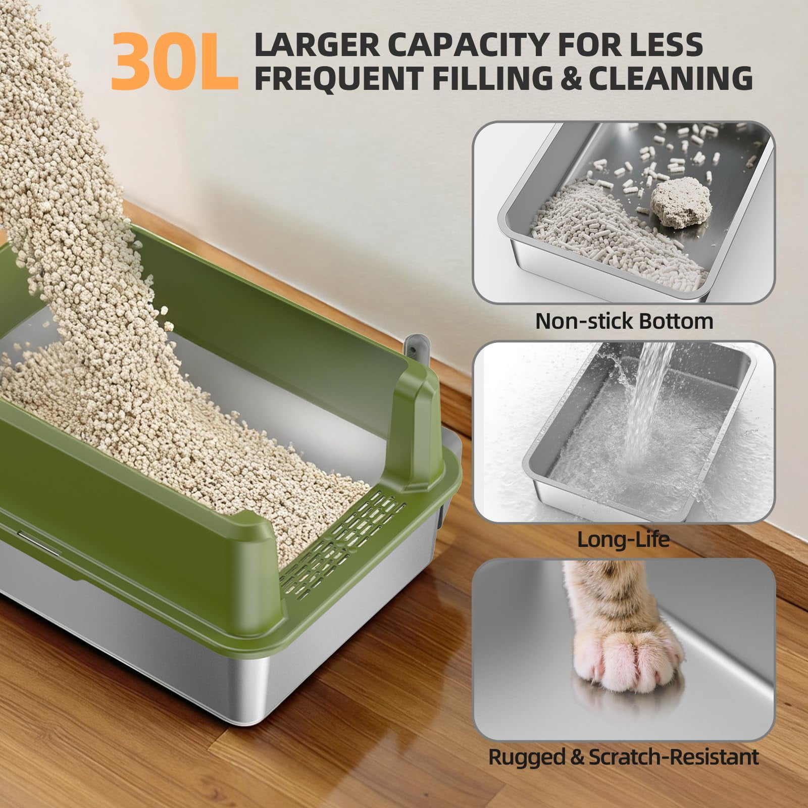 Enclosed Stainless Steel Cat Litter Box With Lid  Xl Extra Large For Big Cats Metal Pan High Sided Never Absorbs Odors Anti-urine Leakage Include Scoop (65-green)