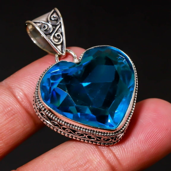 Swiss Blue Topaz Gemstone Pendant Handmade Gift Heart Shape Vintage Jewelry 1.9"