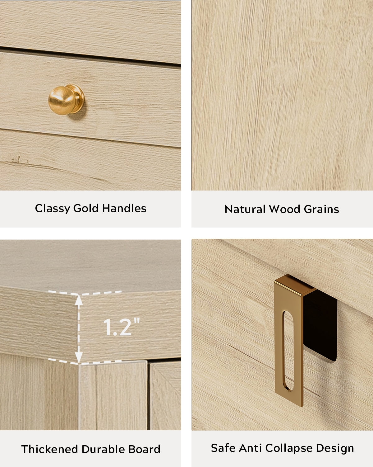EYYTHUNG Modern 6-Drawer Storage Dresser for Bedroom, Chest of Drawers with Golden Handles, Cabinet Side Table, Light Oak