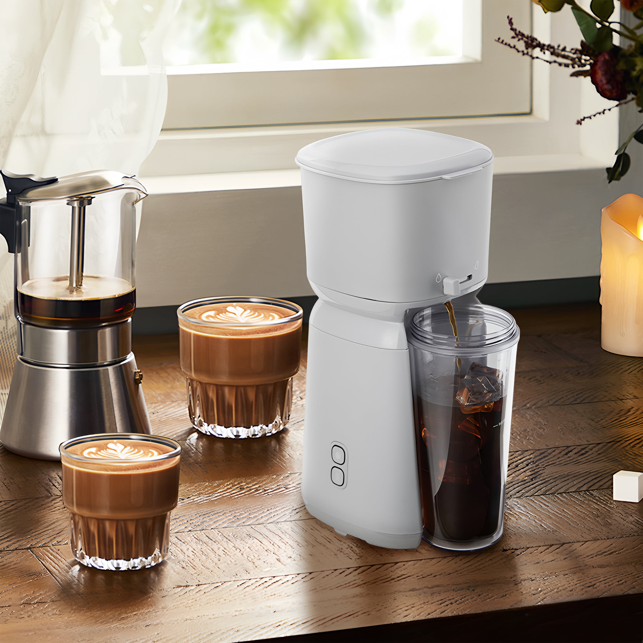 Mainstays Single Serve Iced Coffee Maker, Soft Silver, with Reusable Filter and Travel Tumbler