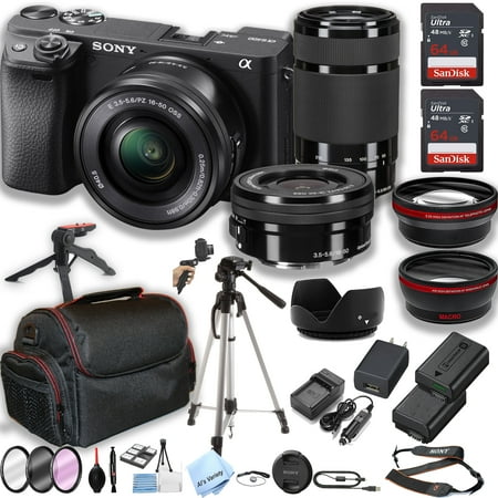 Sony a6400 Mirrorless Camera with16-50mm & 55-210mm Zoom Lenses + 2pcs 64GB Memory + Case+ Tripod + Steady Grip Pod + Filters + Macro + 2X Lens + 2X Batteries + More (38pc Bundle)