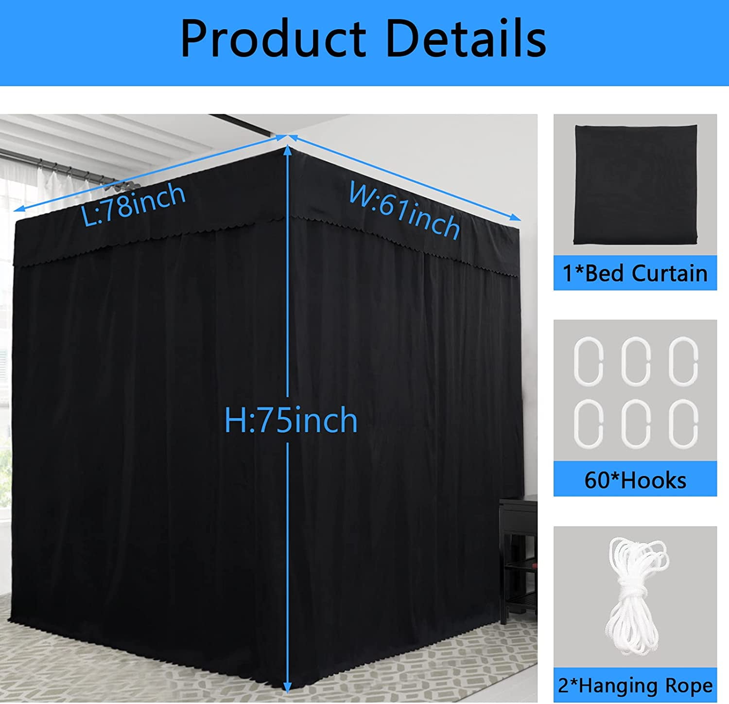 Grey Canopy Bed Curtains - 4 Corner Post Bed Curtains Canopy Queen Bed Canopy Curtains for Adults Girls Bedroom Decoration(Grey, Queen)