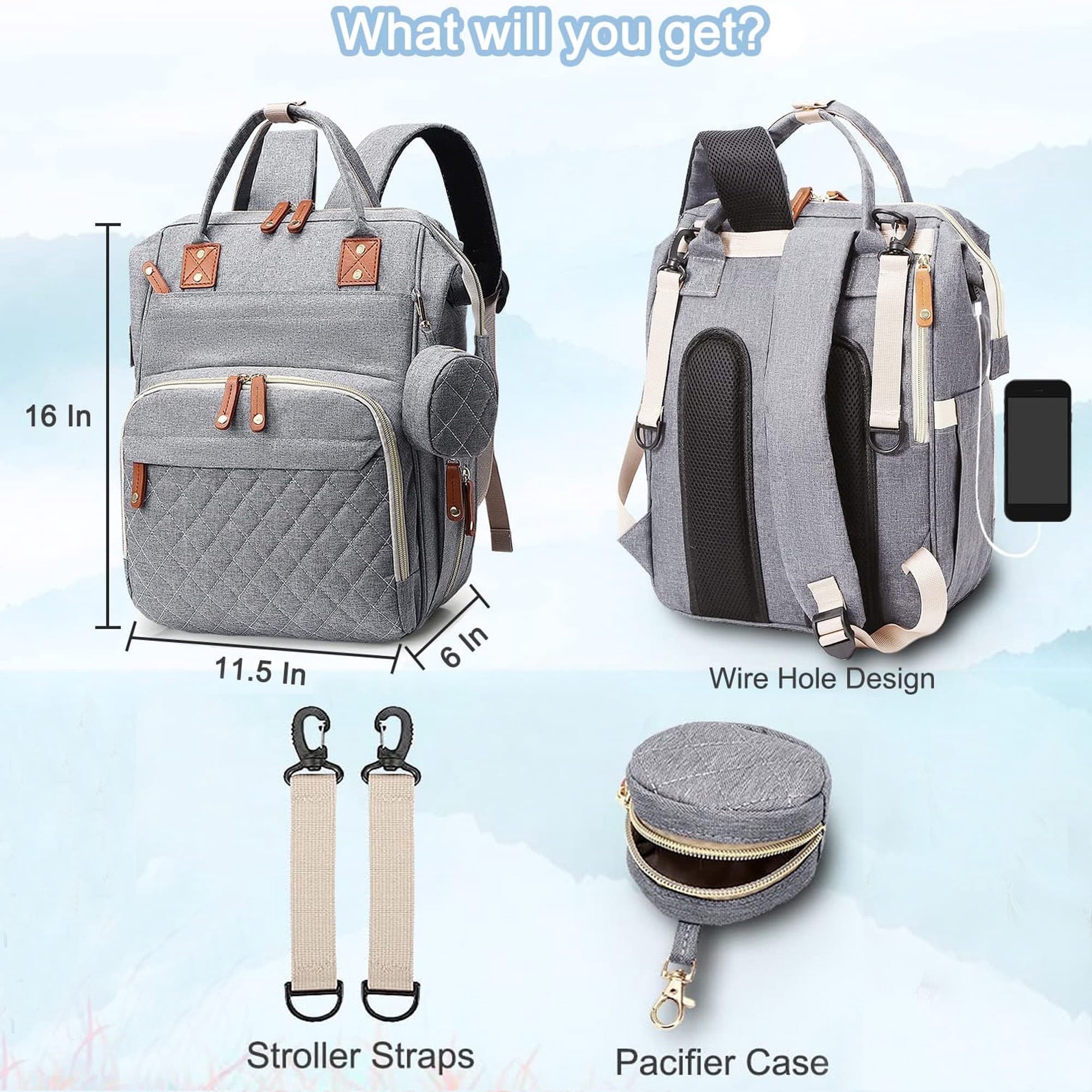 Morfone Baby Diaper Bag Backpack, Multifunction Waterproof Baby Bag with USB Charging Port, Stroller Straps & Pacifier Case Unisex, Gray