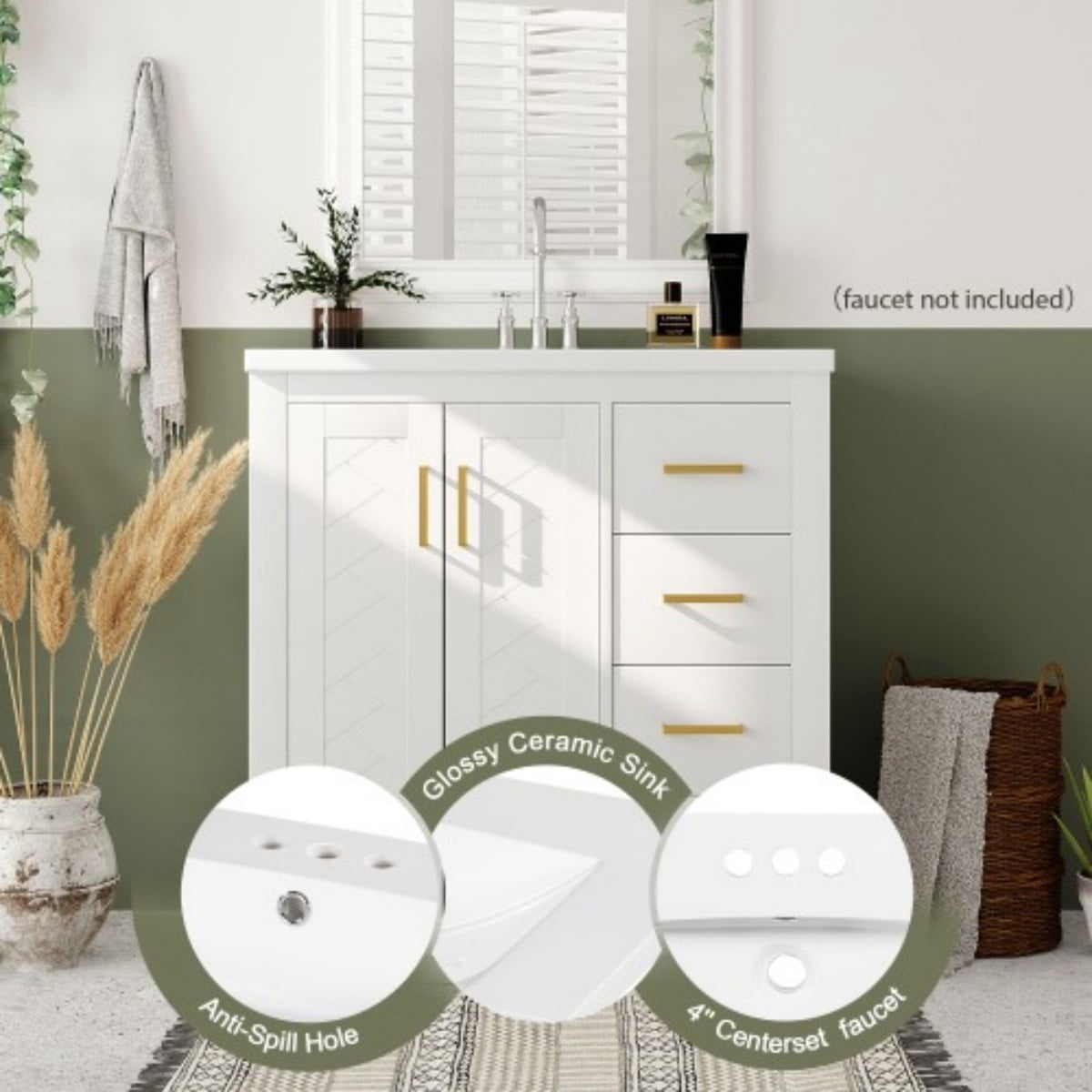 30" Bathroom Vanity with Ceramic Sink Combo, Freestanding Bathroom Vanity Cabinet with 3 Drawers, Solid Wood Frame, Retro Style, White