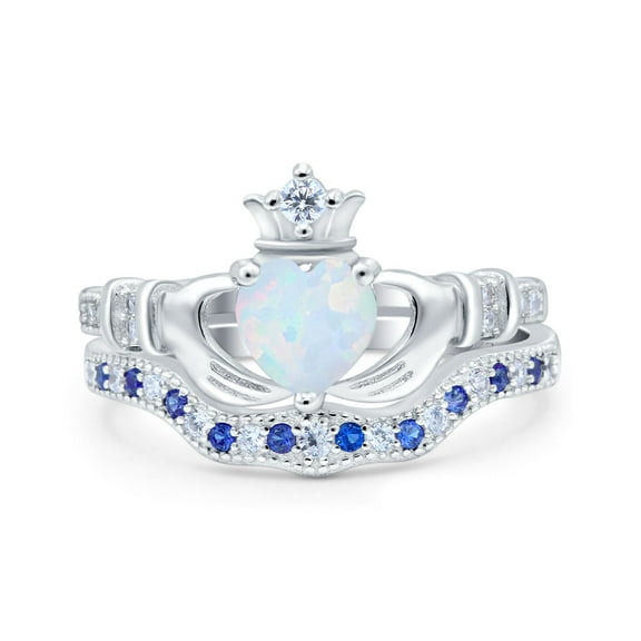 Claddagh Ring Bridal Piece Sapphire Created White Opal White Tone 925 Sterling Silver, Size 5