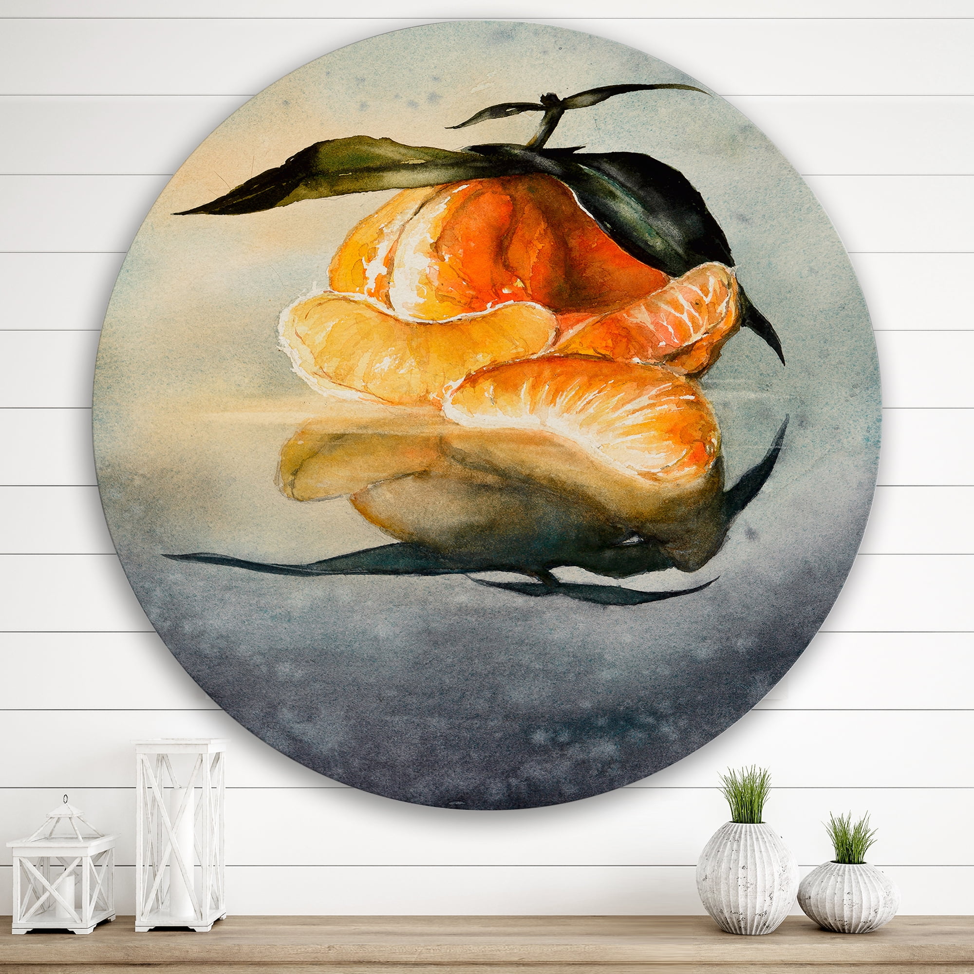 Designart 'One Peeled Fresh Orange Mandarin Under Green Leaves' Traditional Circle Metal Wall Art 29x29 - Disc of 29