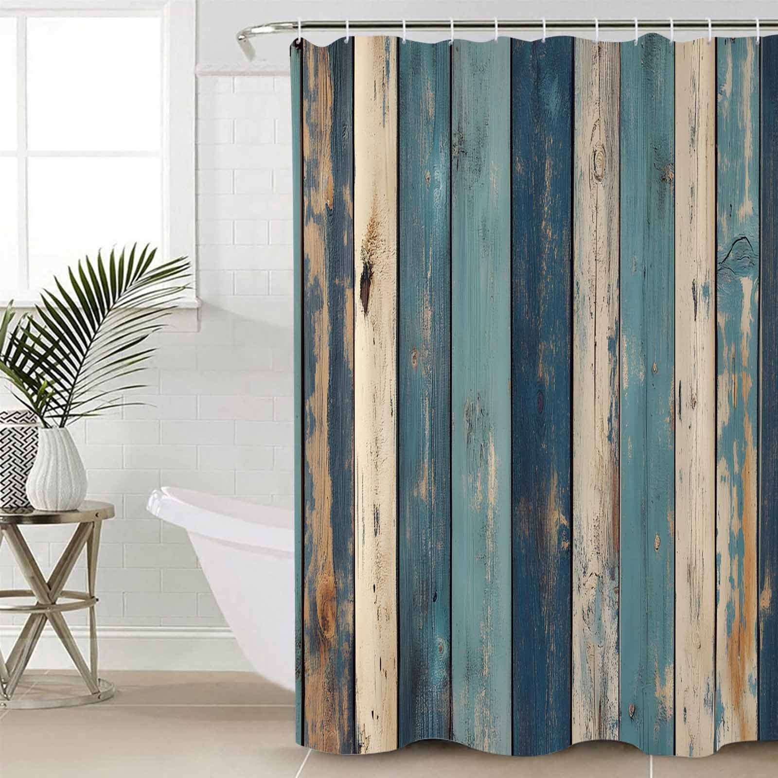 72x78 Inch Shower Curtain Teal Beige Stripe Bathroom Decor Waterproof Fabric Bathtub Bath Curtains Decorative Farmhouse Vintage Wooden Grain Extra Long Shower Curtain Set with Hooks