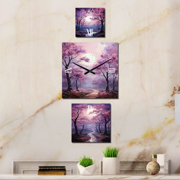 Designart "Amethyst Riverbed Oaks" Trees Oversized Wall Clock - Set Of 3 - Extra large Traditional Clock For Office Décor - Large Vertical Clock