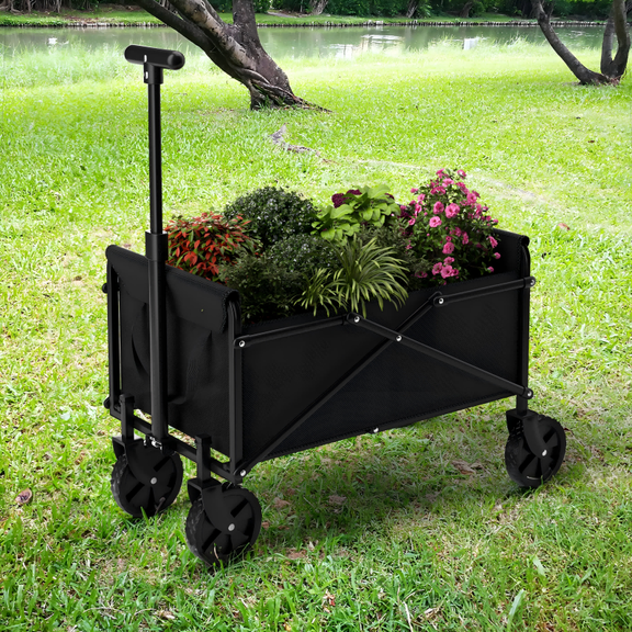 Foldable Wagon Cart Heavy Duty Beach Wagon with 200lbs Weight Capacity, Black Garden Carts And Wagons with Big All-Terrain Wheels