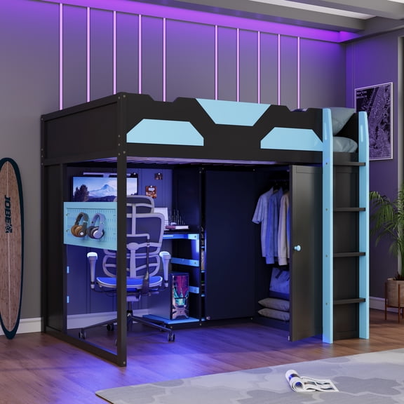 Harper & Bright Designs Full Size Wood Gaming Loft Bed with Desk, Full Loft Bed with Multi-Storage Shelves and RGB Light, Blue