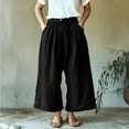 thumbnail image 2 of Simua Women's Wide Leg Faux Linen Pants Solid Color Elastic Waistband Button Cropped Baggy Trouser with Pockets, 2 of 7