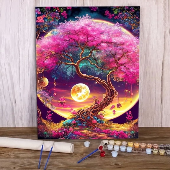JYLMOOD DIY Paint by Number for Adults, Easy Painting by Numbers for Gift Home Wall Decor 16x20in without Frame, Colored Canvas - Cherry Blossom Tree