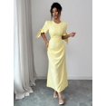 thumbnail image 6 of Pale Yellow Summer Womens Solid Round Neck Petal Sleeve Elegant Maxi Dress, 6 of 7