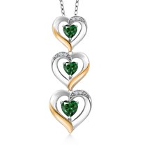 Gem Stone King 925 Silver and 10k Yellow Gold Green Nano Emerald and White Lab Grown Diamond Triple 3 Heart Shape Pendant Necklace for Women (1.30 Cttw, with 18 inch Chain)