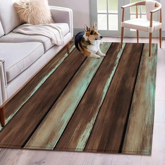 Area Rugs 2.7'x5', Brown Teal Wooden Carpet for Living Room Bedroom Dining Room, Vintage Farmhouse Retro Art Throw Kitchen Rugs Non Slip Washable Rectangle Indoor Outdoor Rugs