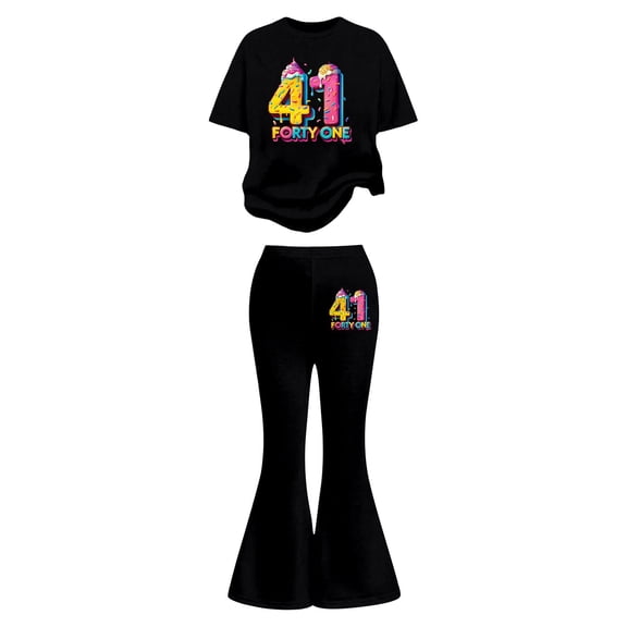 Ulitacool Girls Clothes Short Sleeve Sweatsuit Round Neck Cartoon Prints Tops With Flared Pants Two Piece Coordinated And Bottoms For Kids Relax Fit Spring Outfits Black 9-10 Years