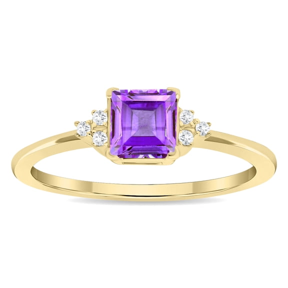 SZUL Women's Square Shaped Amethyst and Diamond Half Moon Ring in 10K Yellow Gold