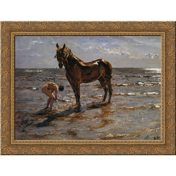 Bathing a Horse 24x18 Gold Ornate Wood Framed Canvas Art by Valentin Serov