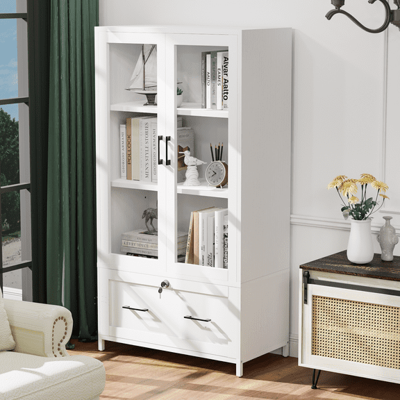 Zimtown 4 Tier File Cabinet Bookcase with Lockable Letter Legal Size Drawer&Adjustable Shelves, Wood Bookshelf Storage with Glass Door, White