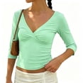 thumbnail image 3 of QASIEATN Womens 3/4 Sleeve Deep V Wrap Neck Ruched Crop Tops Summer Open Back Tshirt Slim Fit Classic Blouse Tee Fall Fashion Outfits, 3 of 9