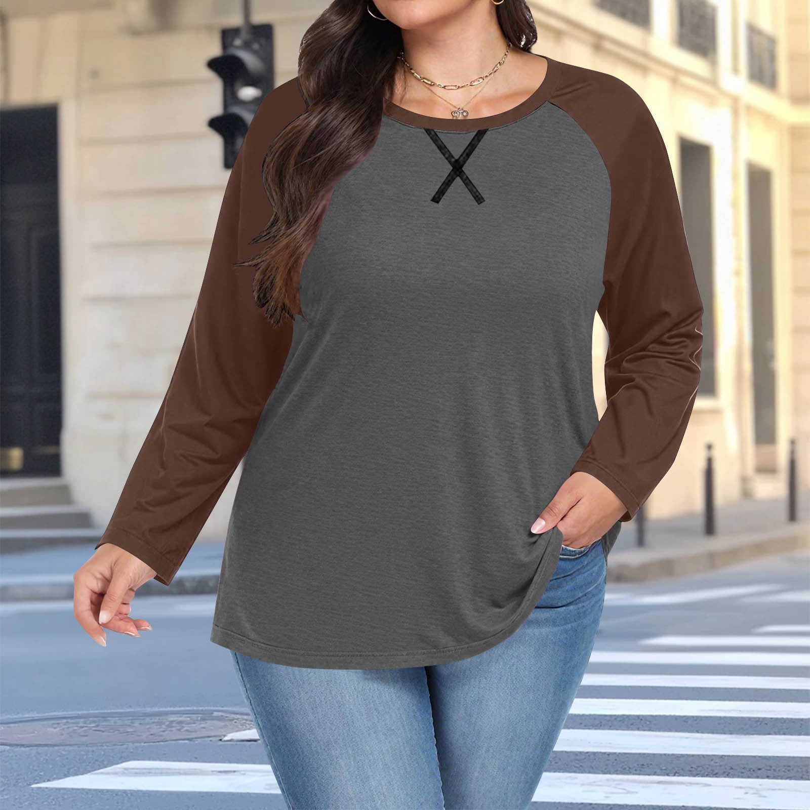 aohooy Womens Plus Size Long Sleeve Baseball Shirt Color Block Casual Loose Tees Tshirts Spring Round Neck Loose Fit Tunic Tops Brown,XXXXXL