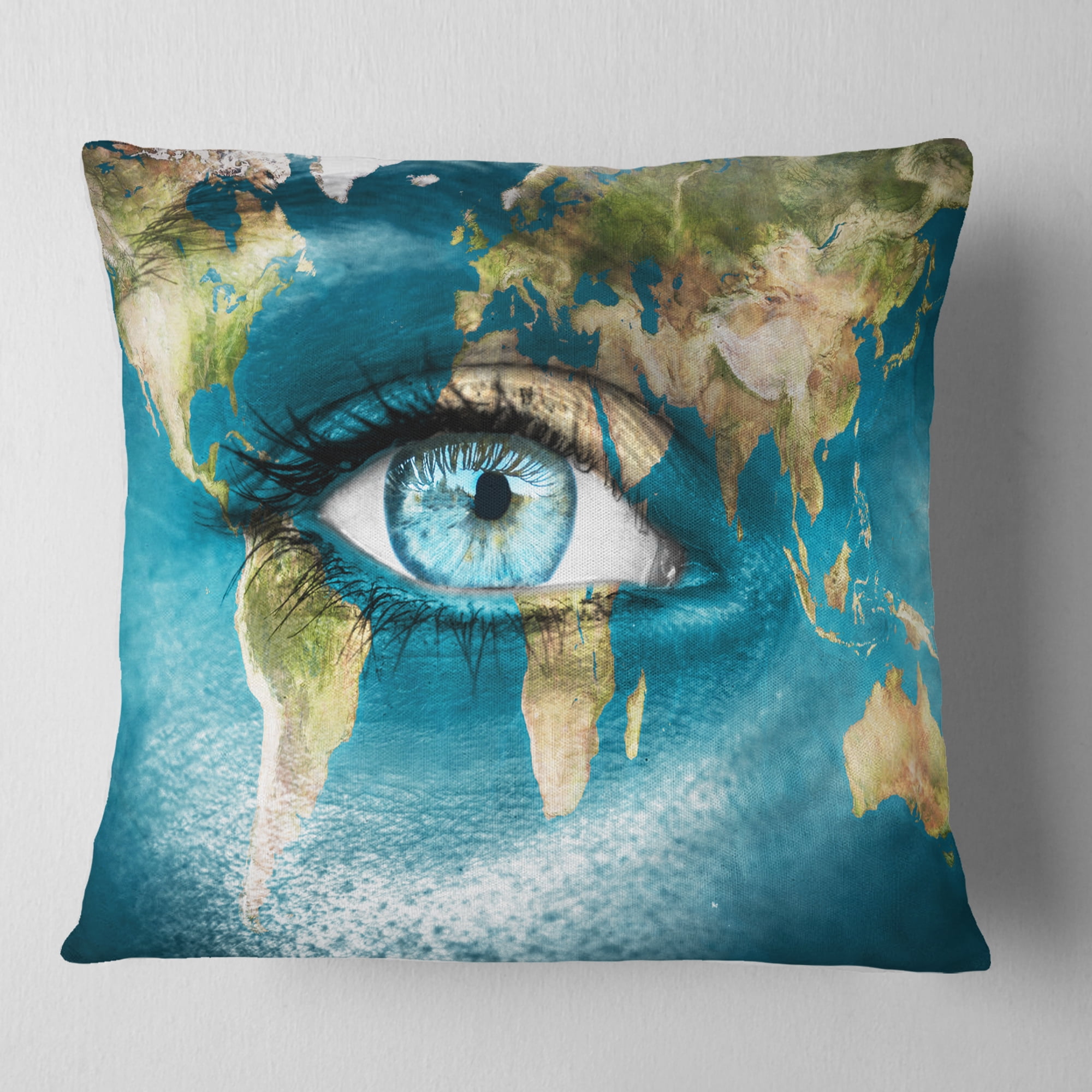 Designart Planet Earth and Blue Eye - Abstract Throw Pillow - 16x16