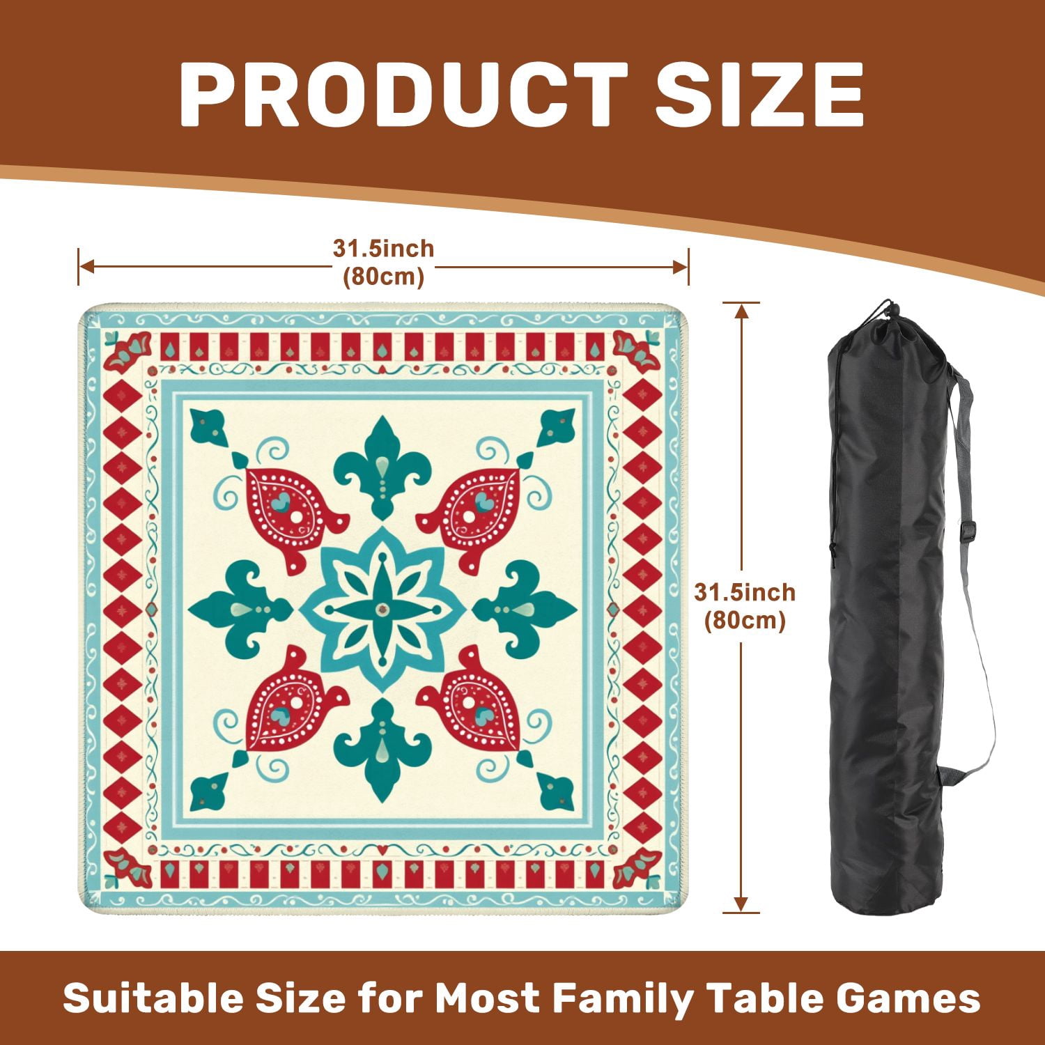 Mahjong Mat 31.5" x 31.5" Floral Geometric Red Teal Ornamental Motifs Decorative Borders Non-Slip Noise Reduction American Mahjong Tiles Table Cover for Dominoes Poker Card Board Games Gift