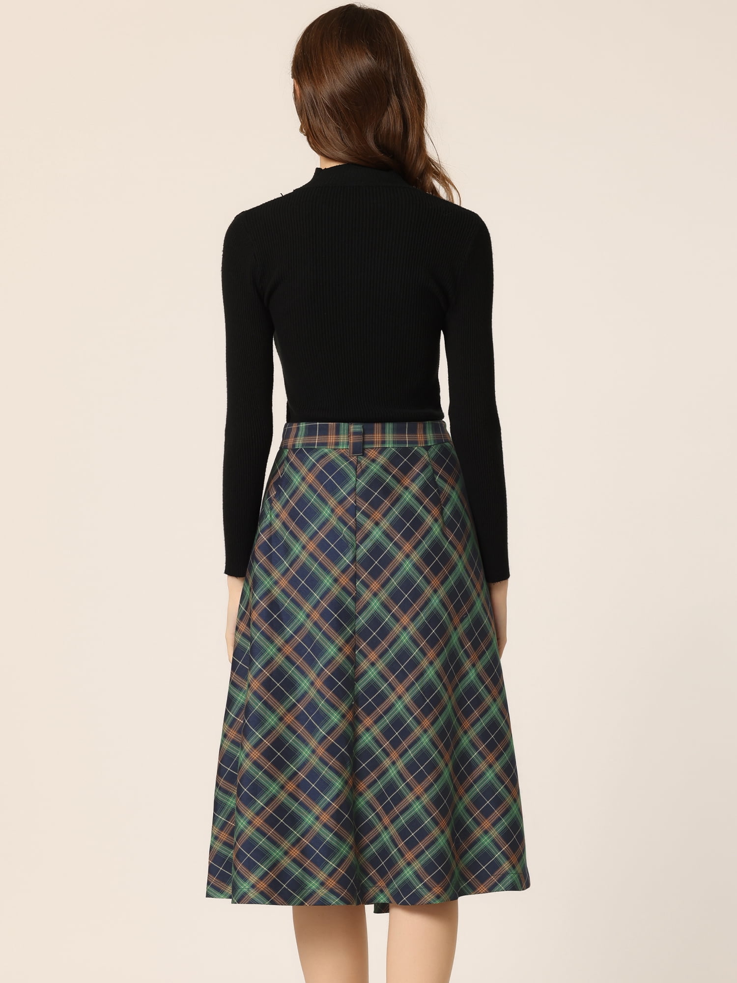 DARING DIVA Women's Plaid Belted Vintage A-Line Midi Skirt 3XL Blue Green