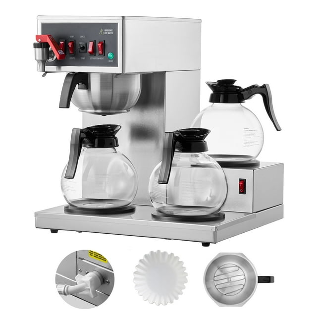 KFFKFF 12 Cups Commercial Drip Coffee Maker, Coffee Maker Machine with 3 Glass Carafes and 3 Warmer Plates, Stainless Steel Pour Over Coffee Brewer for Restaurant, Office, Cafe