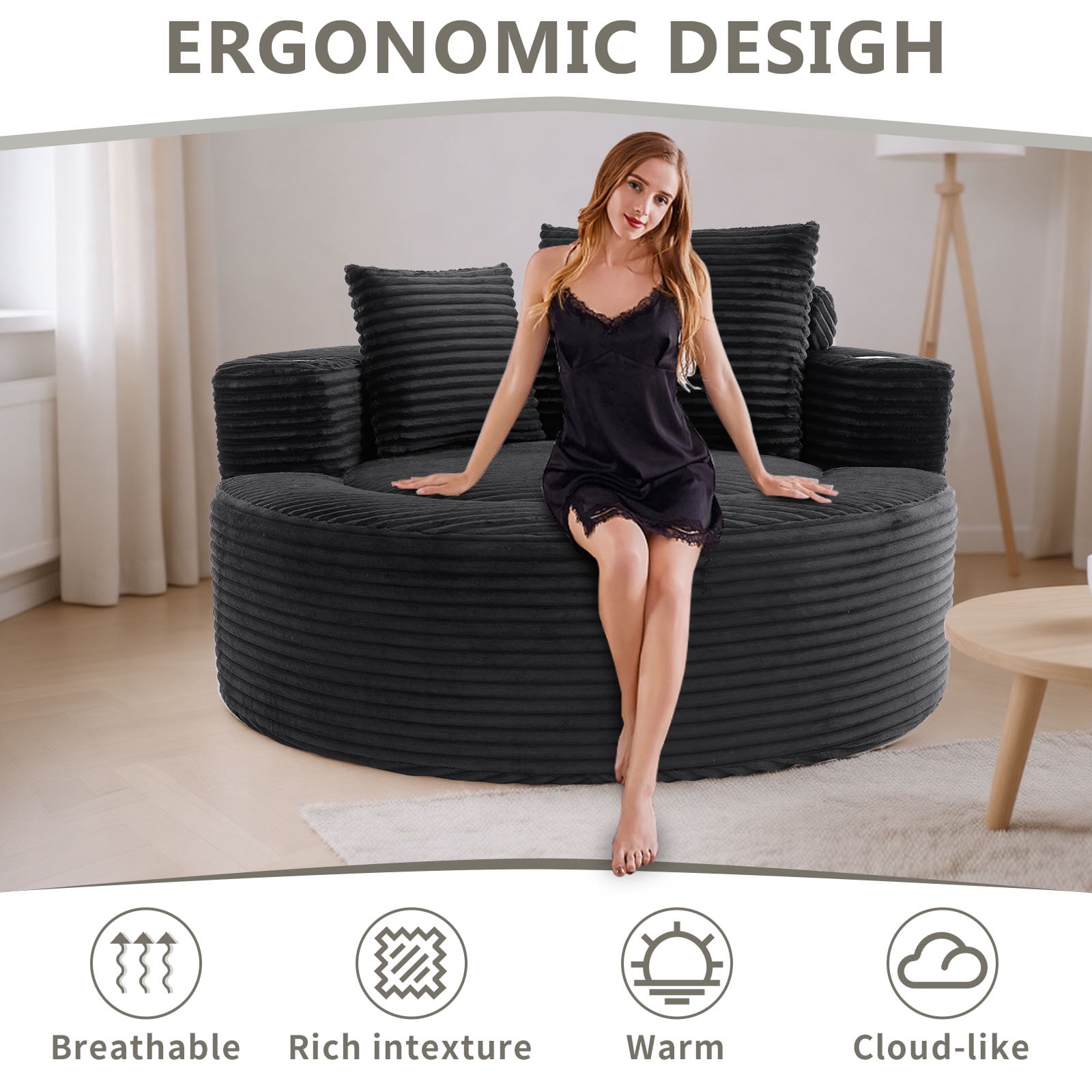 Miniyam 55.5" W Round Oversized Chaise Lounge Indoor with Cup Holders for Living Room, Cloud Couch with 3 Pillows, Black