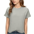 thumbnail image 2 of Hfnxid Women's Basic Shirt Crewneck Tunic Short Sleeve Shirts Slim Fitted Lightweight Casual T-Shirt Stretchy Breathable Athletic Tee Gray L, 2 of 10