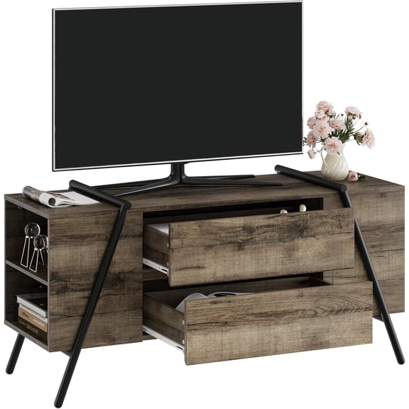 TV Stand for 60 55 50 45 Inch TV, 47" Mid Century Modern Entertainment Center with 2 Storage Drawers & Side Open Shelves, Media Console Table for Living Room, Bedroom, Oak
