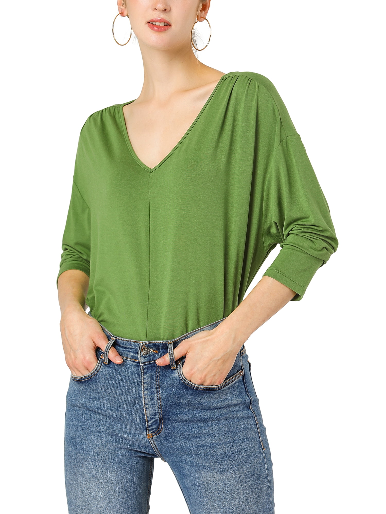 V Neckline Dolman Sleeve Loose T-shirts 
