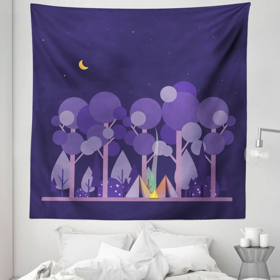 Colorful Tapestry, Night at Campsite Scene in the Forest Woodland Under Moon Sky, Fabric Wall Hanging Decor for Bedroom Living Room Dorm, 5 Sizes, Dark Purple Lilac Violet, by Ambesonne