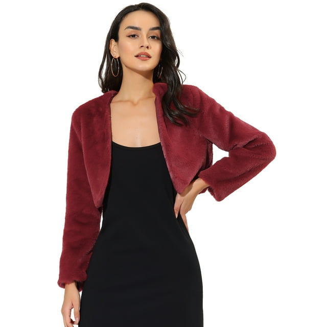 Abrigo de piel sintética Allegra K chaqueta corta sin cuello para mujer Vino rojo L