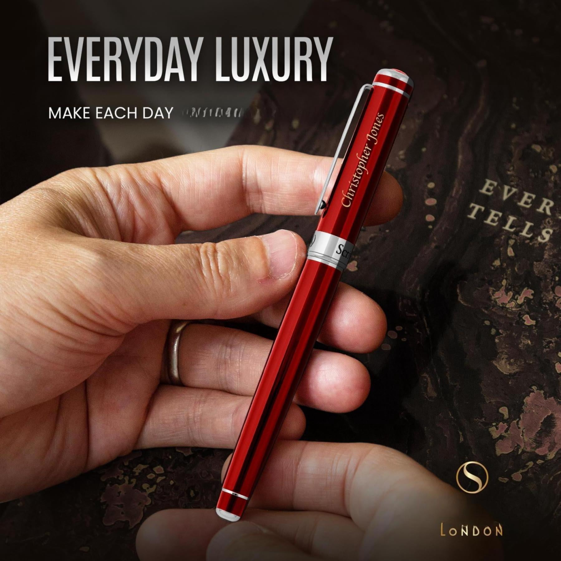 Personalized Deep Crimson Red Rollerball Pen - Stunning Lacquer Luxury With Chrome Finish  Schmidt Ink Refill Engraved Roller Ball Gift Set For Men & Women Custom Name Engraving