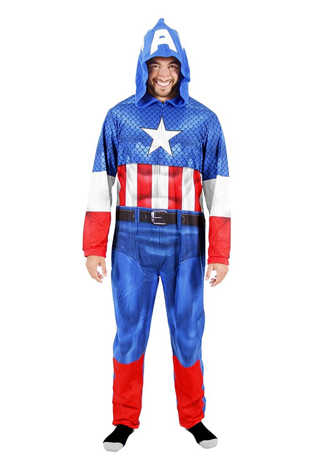 Punisher Mens Muscle Graphic Hooded Non-Footed Union Suit Zipper Pajamas Costume 