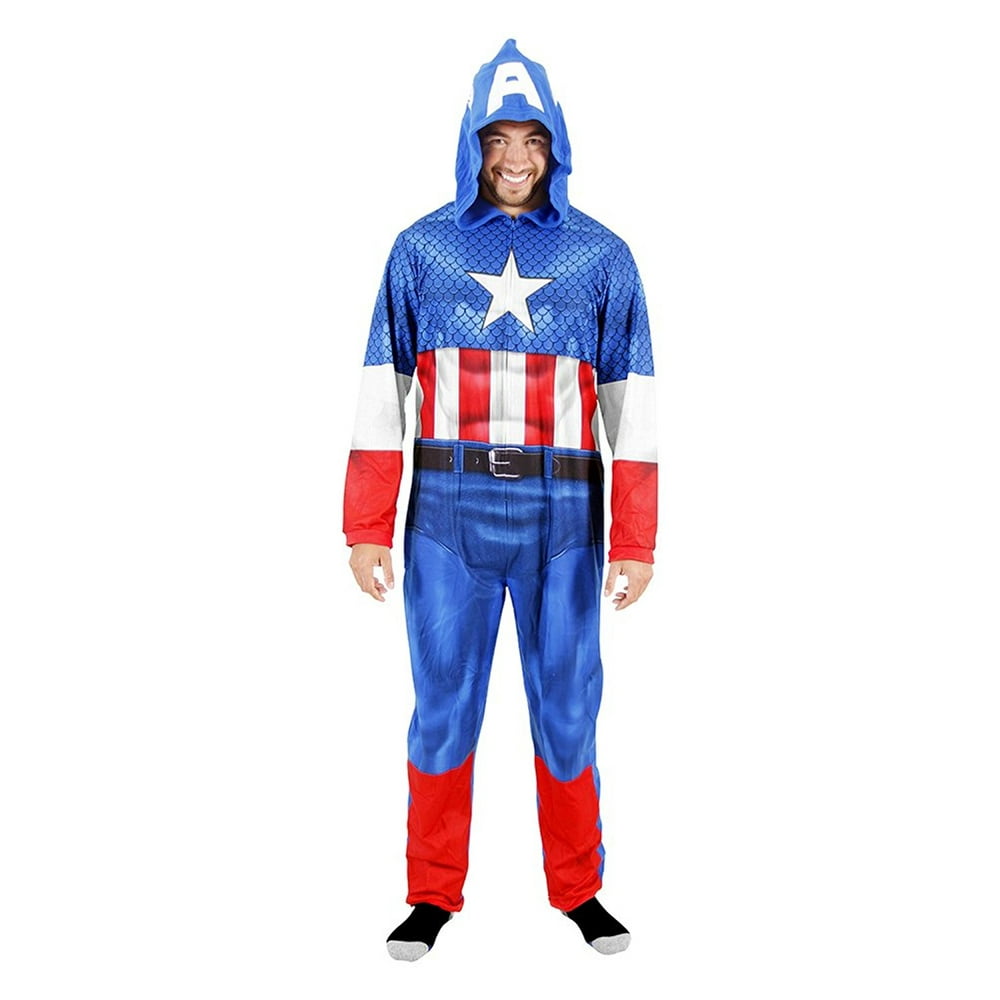 Captain America Costume Adult Captain America Adult Union Suit Costume Pajama Onesie with Hood