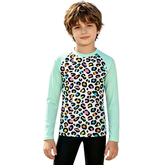 Tiijoy Boys Leopard Long Sleeve Rashguard UPF 50 Swim Shirt Swimwear for Kids, Sizes 3-14