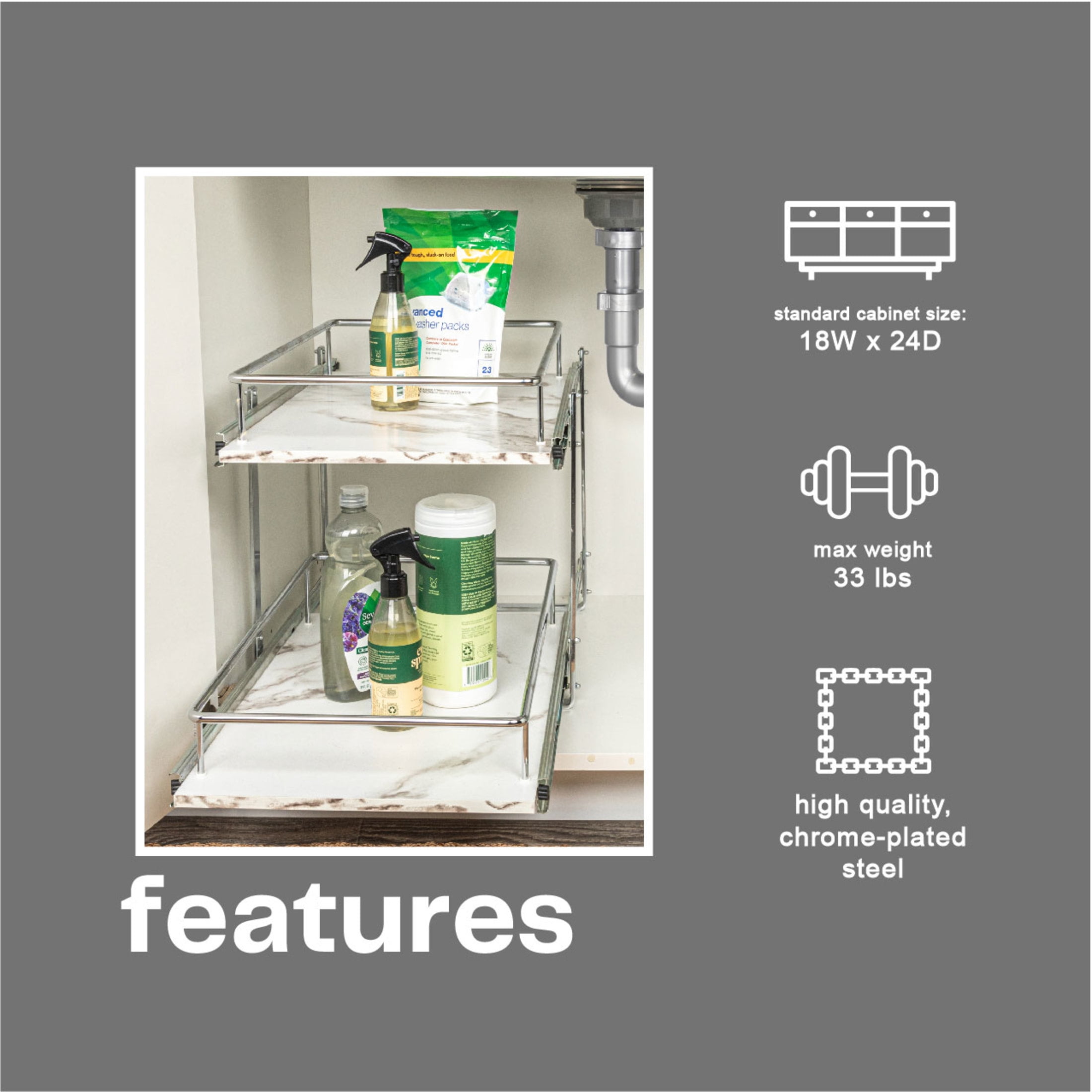 Household Essentials Glidez Chrome-Plated Steel and Faux Marble Pull-Out/Slide-Out Storage Organizer for Under Cabinet Use - 2-Tier Design - Fits Standard Size Cabinet or Shelf, White and Chrome