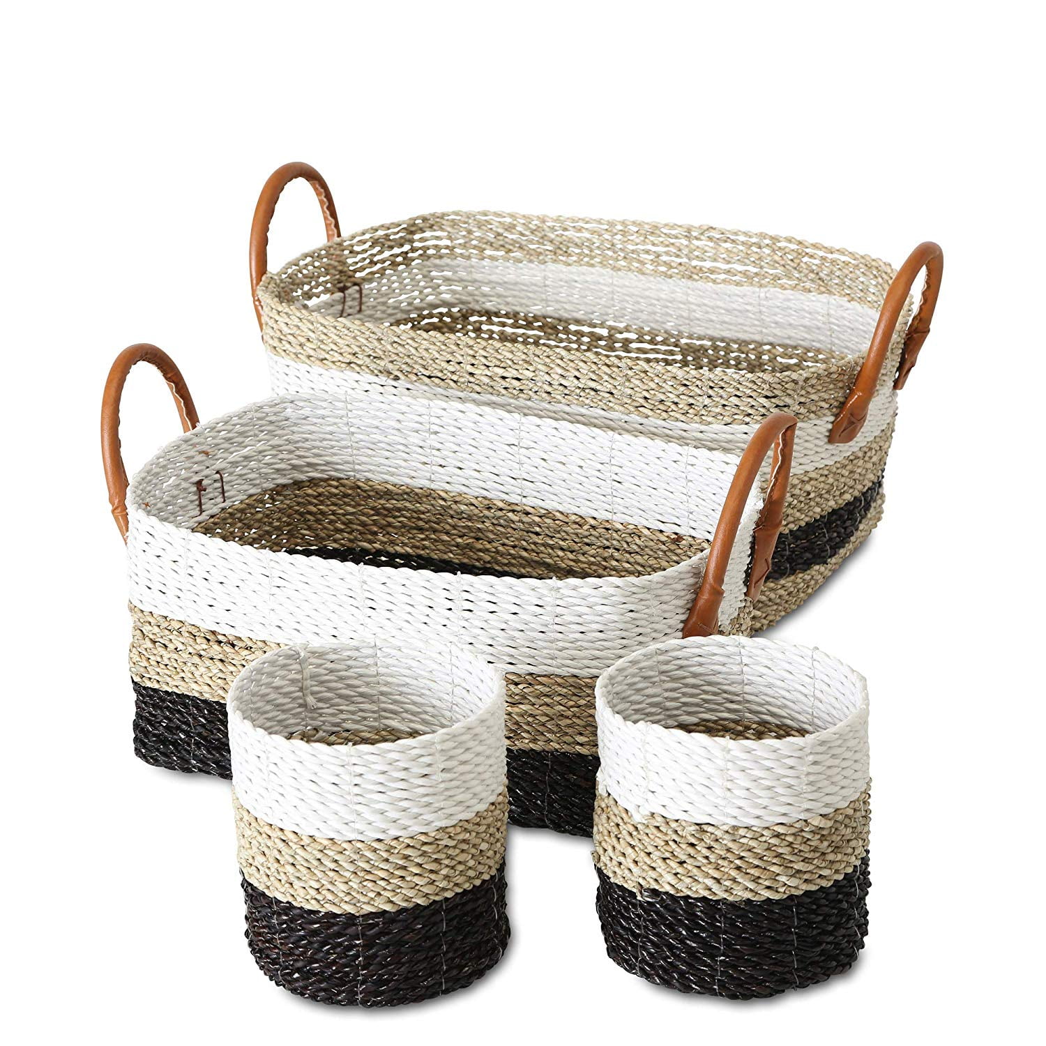 Cape Cod Natural, Black and White Striped Rustic Nesting Baskets, Set
