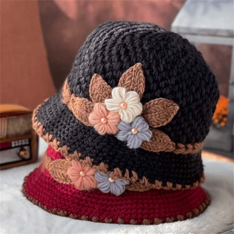 Women’s Black Wool Cloche Bucket Hat With Crochet Flowers Crochet Cloche Hat With Crochet Flower - Gray and Black  main image 4