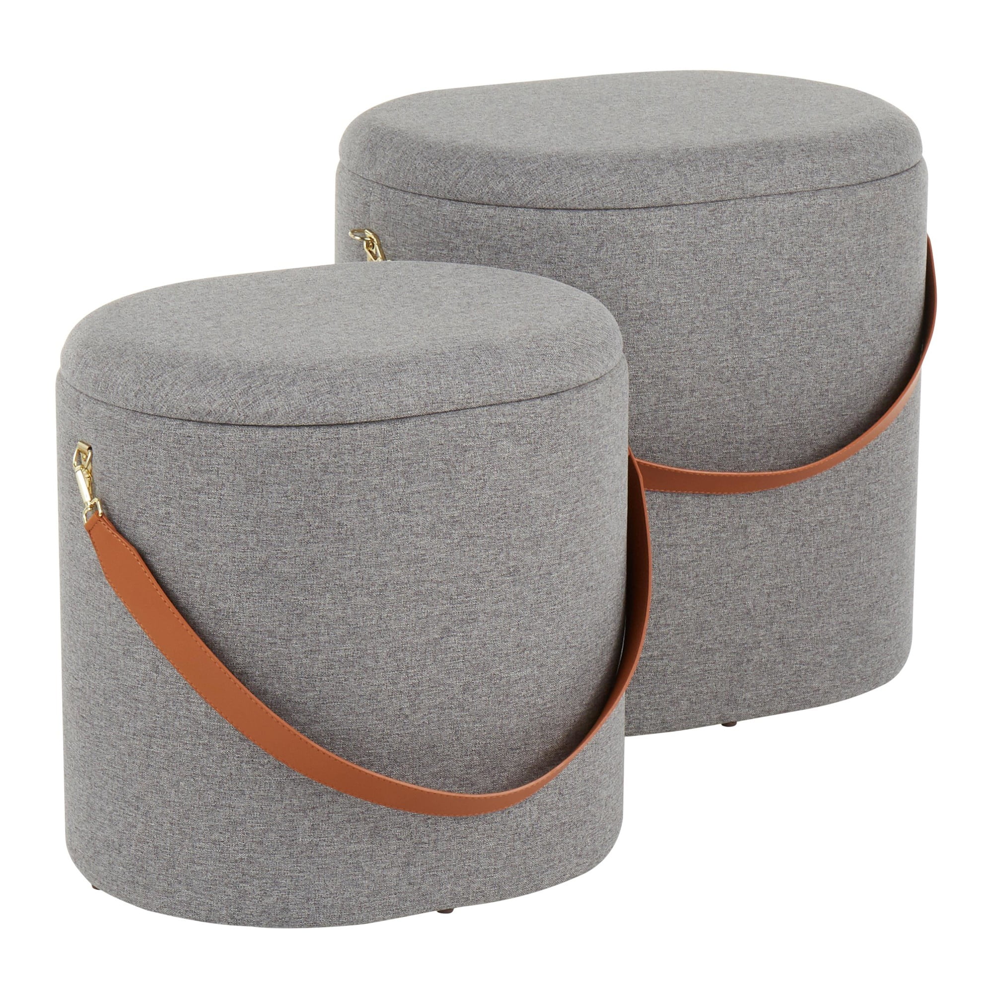 Lumisource Nesting Oval Strap Contemporary Ottoman in Grey Fabric with Brown Faux Leather Strap