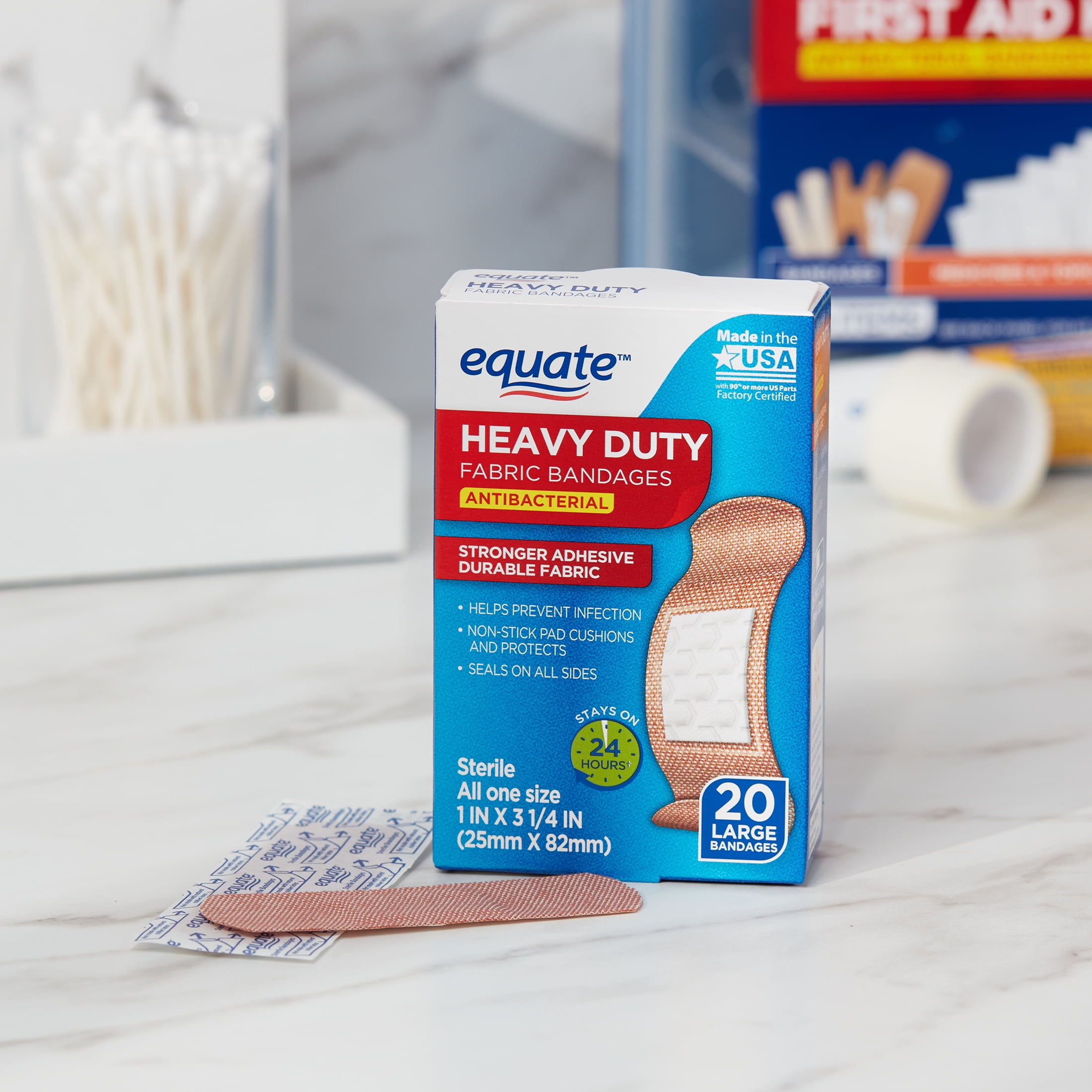 (6 pack) Equate Heavy Duty Fabric Antibacterial Bandages, Large, 20 Count