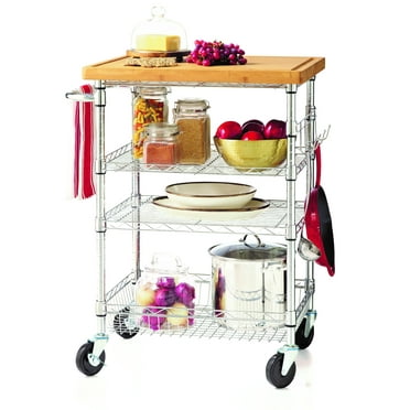 HSS 4 Tier Wire Shelf Cart with Bamboo Top Freestanding, 30.5"W x 22"D x 36.5"H, Chrome