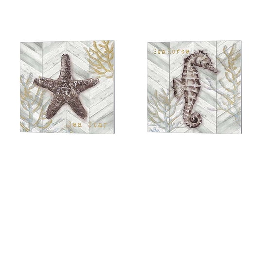 Great Art Now Gray Gold Chevron Star Fish & Seahorse by Tre Sorelle Studios 2 Piece Canvas Art Set Each 14"W x 14"H