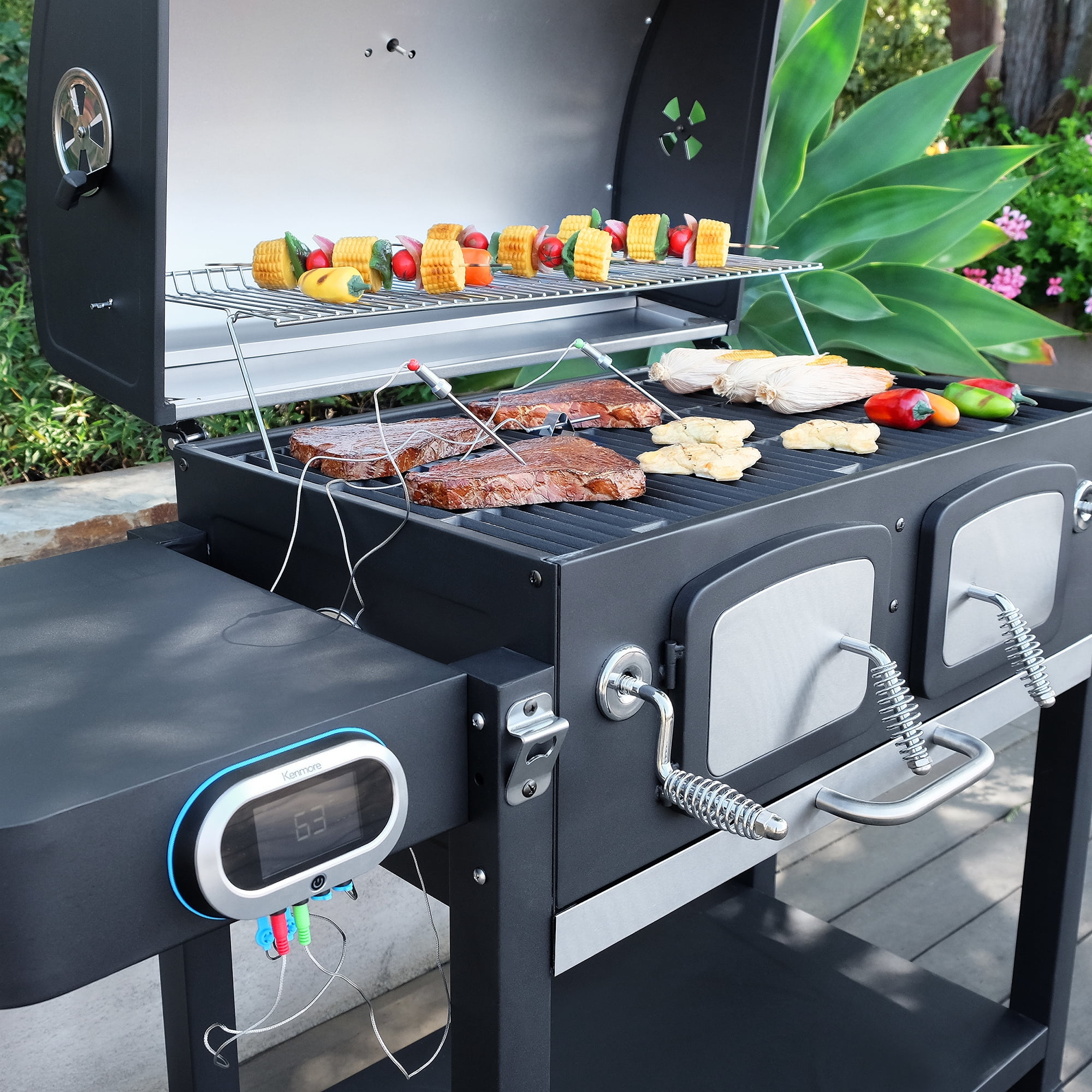 Kenmore 32 inch Smart Charcoal Grill with Bluetooth Meat Thermometer LCD Display and Temperature Probes Stainless Steel Black