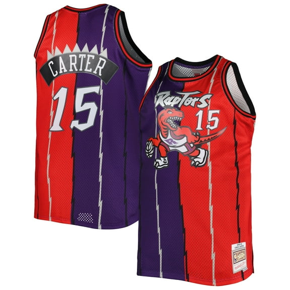 Men's Mitchell & Ness Vince Carter Purple/Red Toronto Raptors Big & Tall Hardwood Classics 1998/99 Split Swingman Jersey