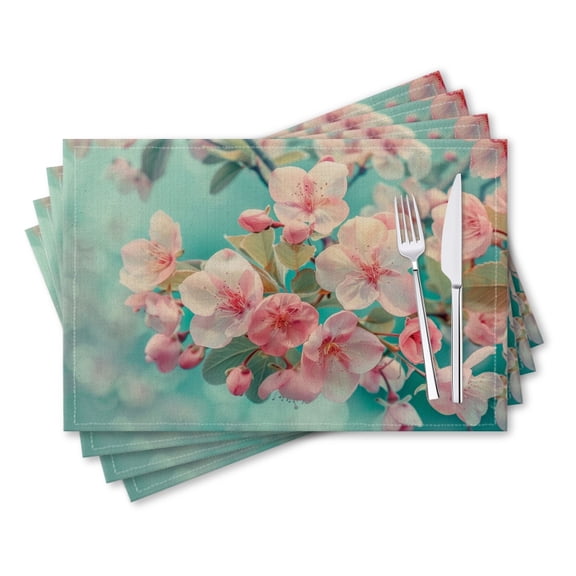 BaHomeck placemats Set of 4 rectangle Linen Cotton Placemats for Dining Table Washable Heat Resistant,18*12inch,Beautiful Spring Flowers On Turquoise Background